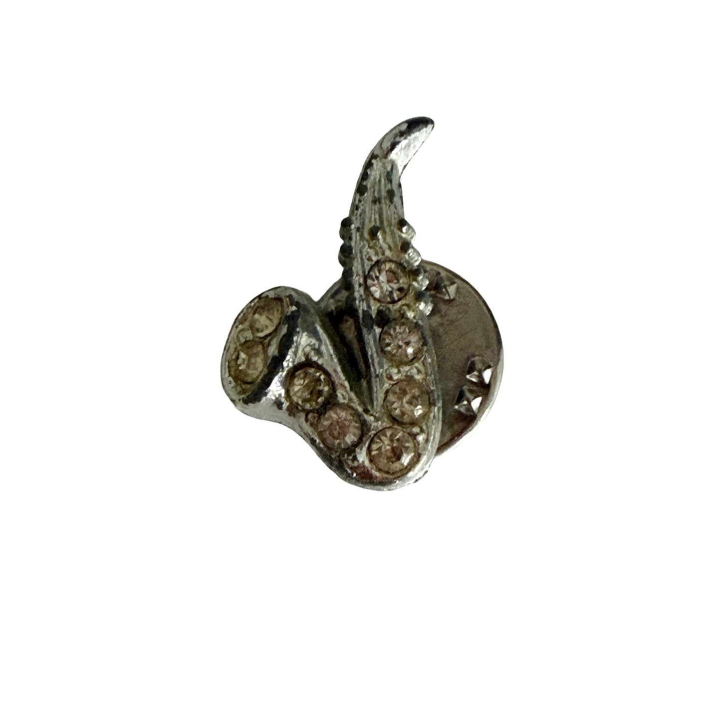 Vintage Rhinestone Saxophone Lapel Pin Silver Tone Musician Jazz Band Brooch