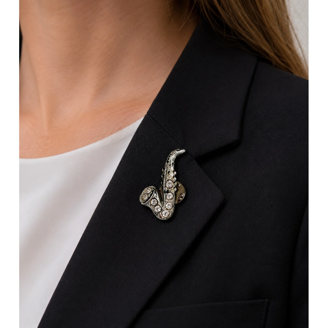 Vintage Rhinestone Saxophone Lapel Pin Silver Tone Musician Jazz Band Brooch