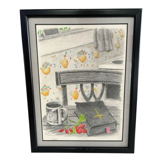 Original Framed Drawing – Coffee & Bible Still Life – Signed “Jim K” (2014) – 9" x 12"