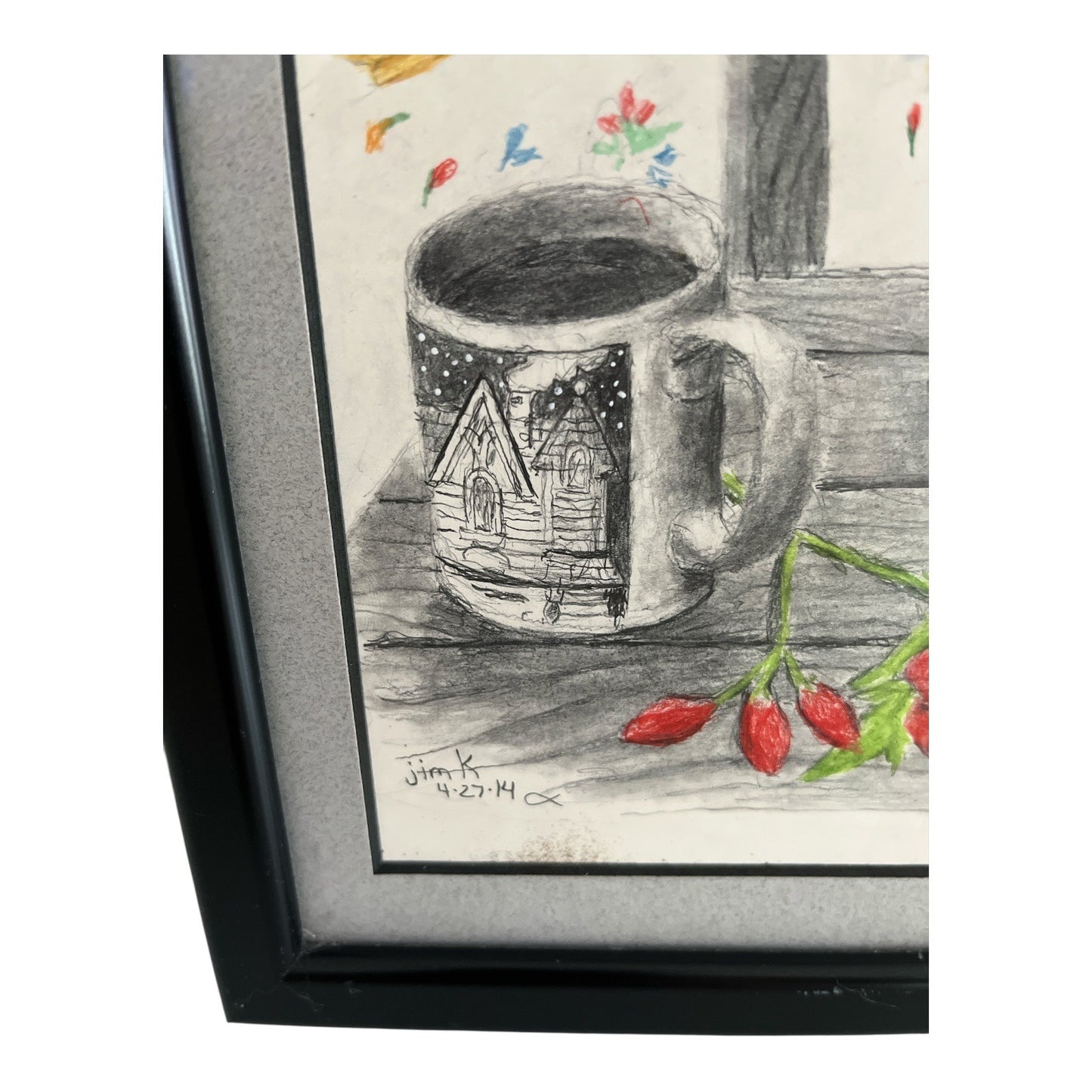 Original Framed Drawing – Coffee & Bible Still Life – Signed “Jim K” (2014) – 9" x 12"