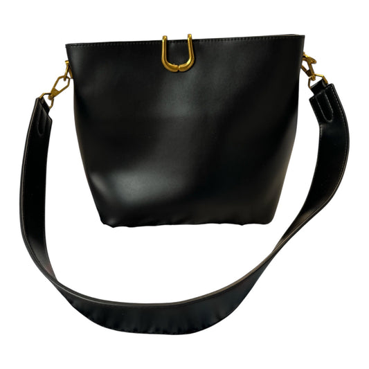 Sleek Black Faux Leather Shoulder Bag with Sculpted Fold-Down Gold Closure Y2K