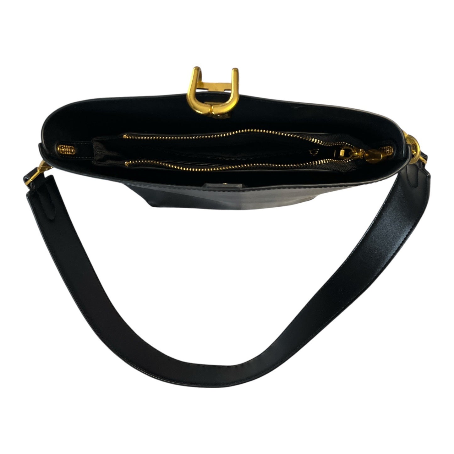 Sleek Black Faux Leather Shoulder Bag with Sculpted Fold-Down Gold Closure Y2K