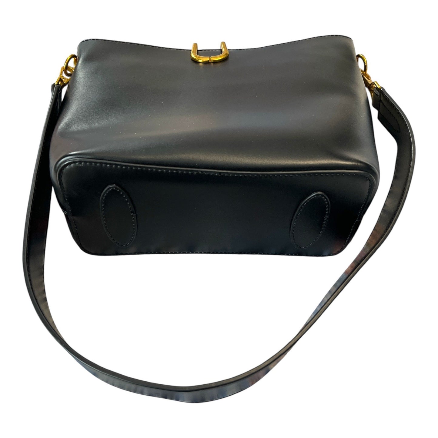 Sleek Black Faux Leather Shoulder Bag with Sculpted Fold-Down Gold Closure Y2K