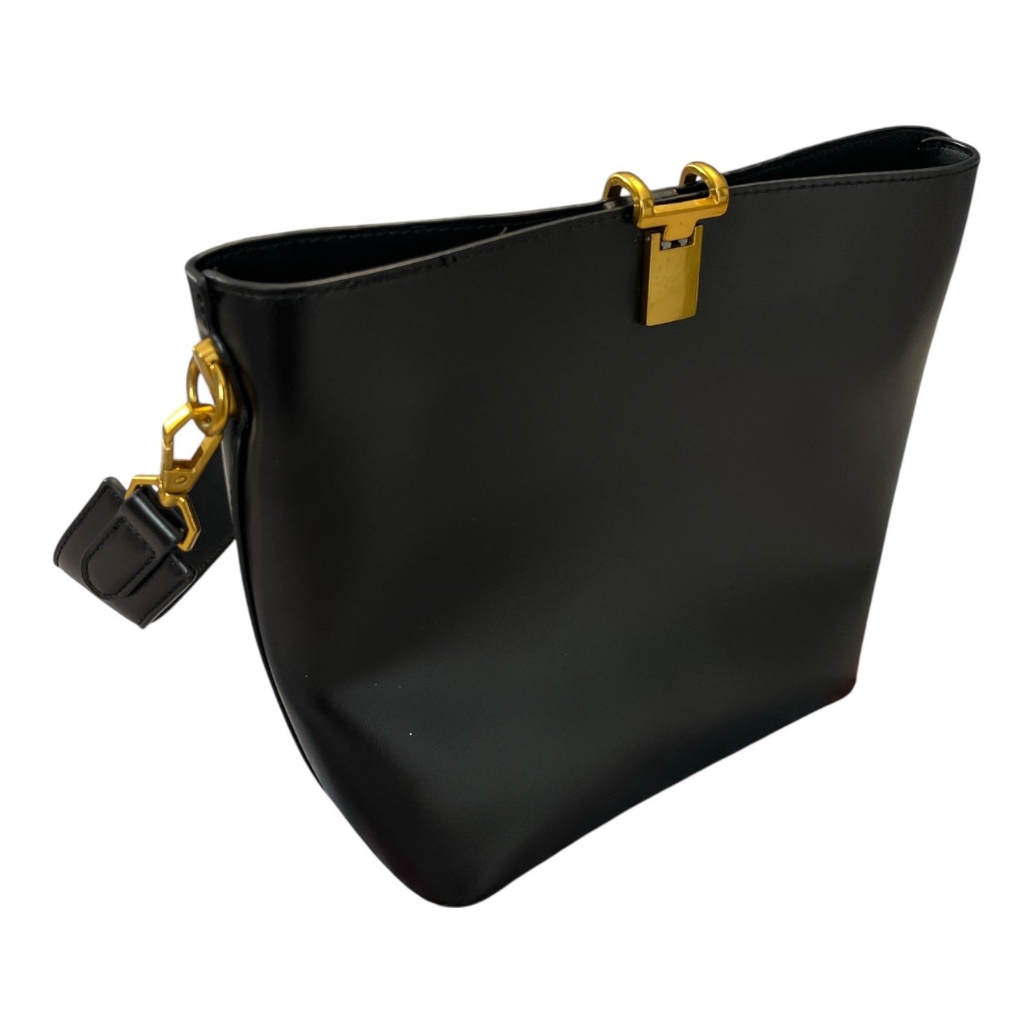 Sleek Black Faux Leather Shoulder Bag with Sculpted Fold-Down Gold Closure Y2K