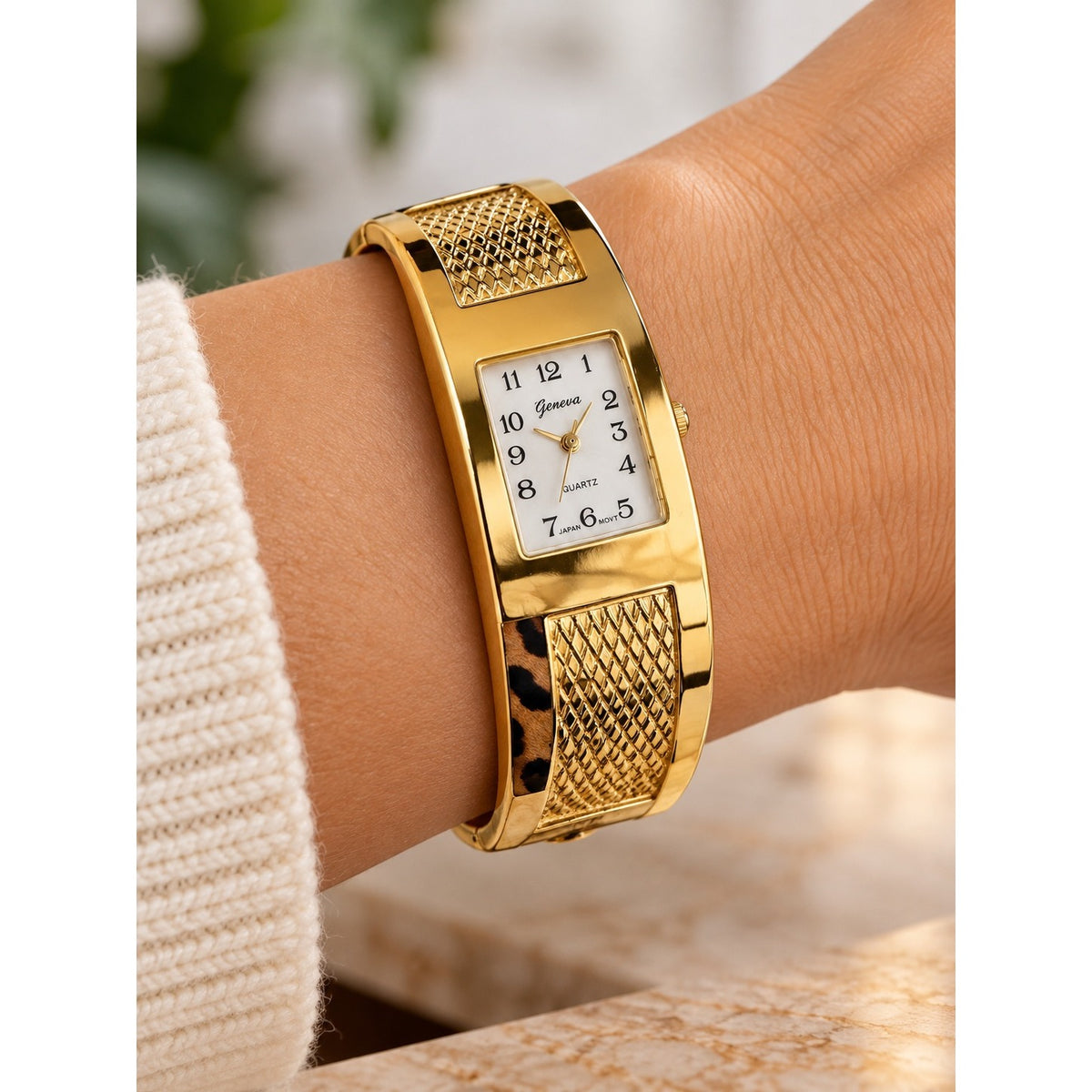 Geneva Gold Tone Hinged Bangle Cuff Watch Leopard Print Y2K NIP