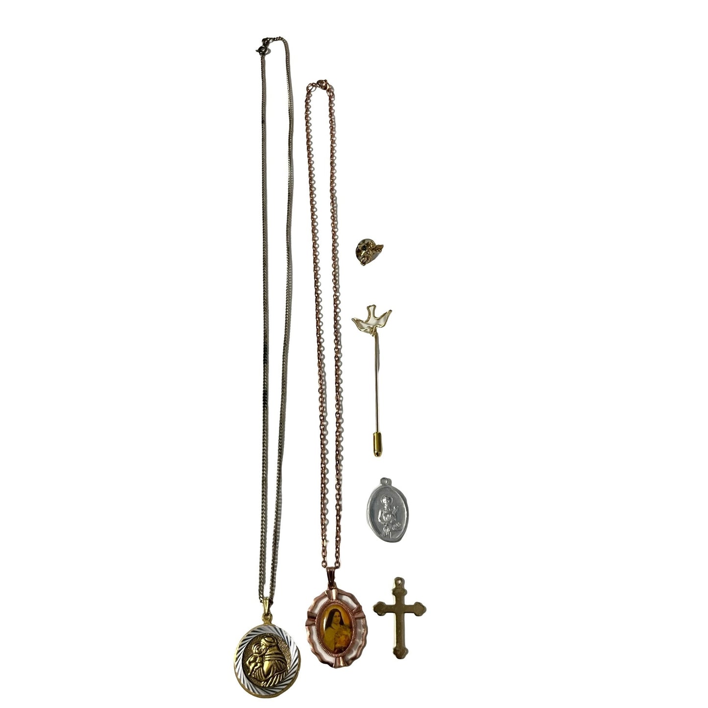 Vintage Religious Jewelry Lot Necklaces Medals Cross Angel Pin Catholic Mixed Lot
