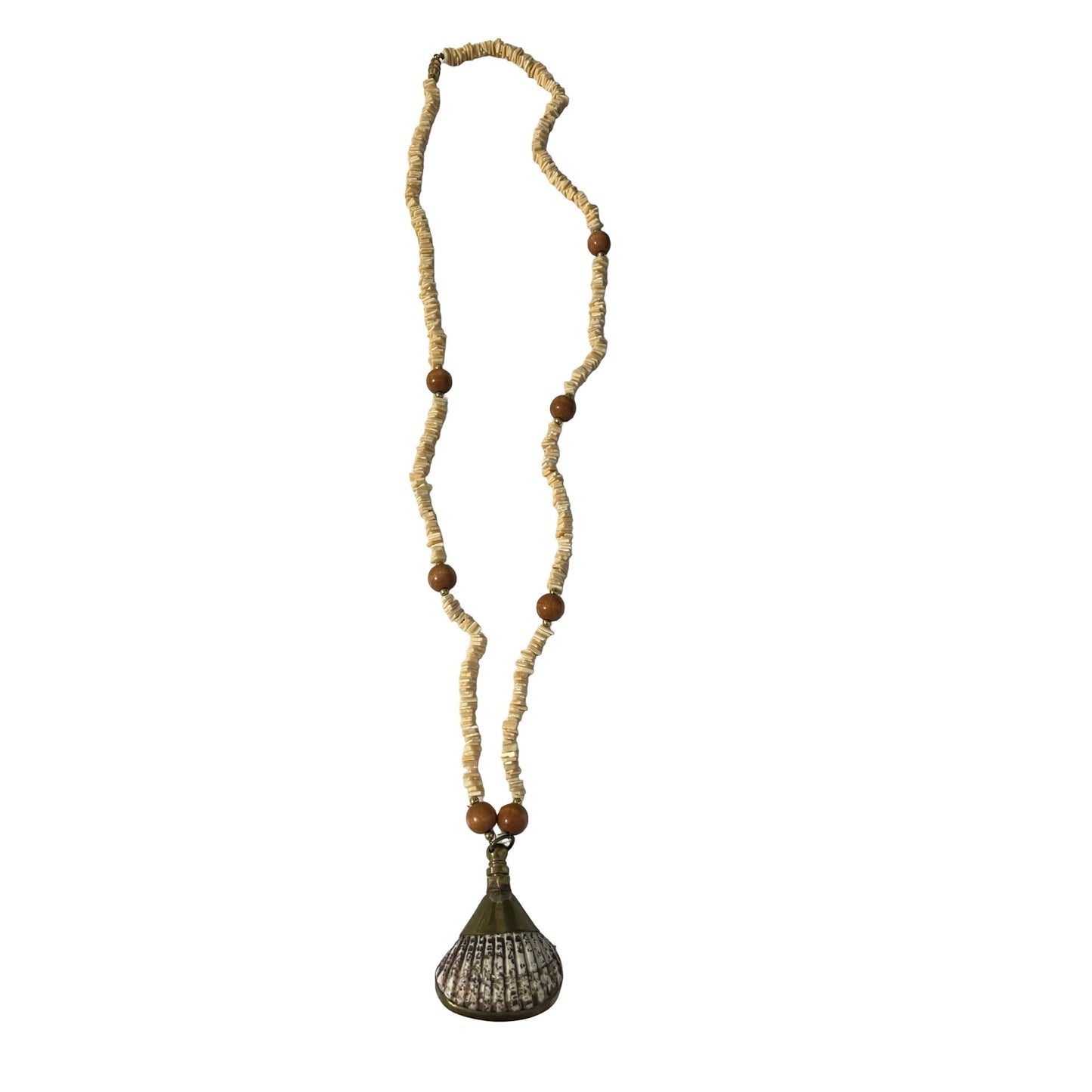 Vintage Shell Bead Necklace With Large Brass Bell Pendant Boho Tribal Statement 28”