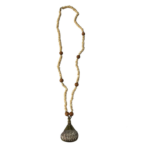 Vintage Shell Bead Necklace With Large Brass Bell Pendant Boho Tribal Statement 28”