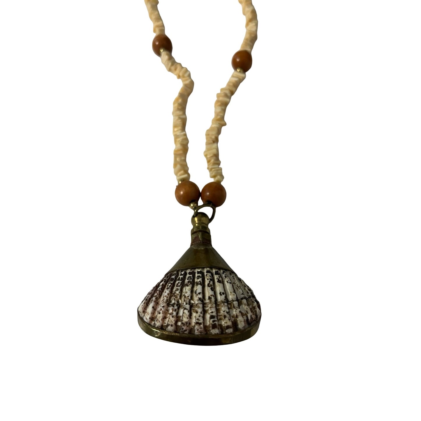 Vintage Shell Bead Necklace With Large Brass Bell Pendant Boho Tribal Statement 28”