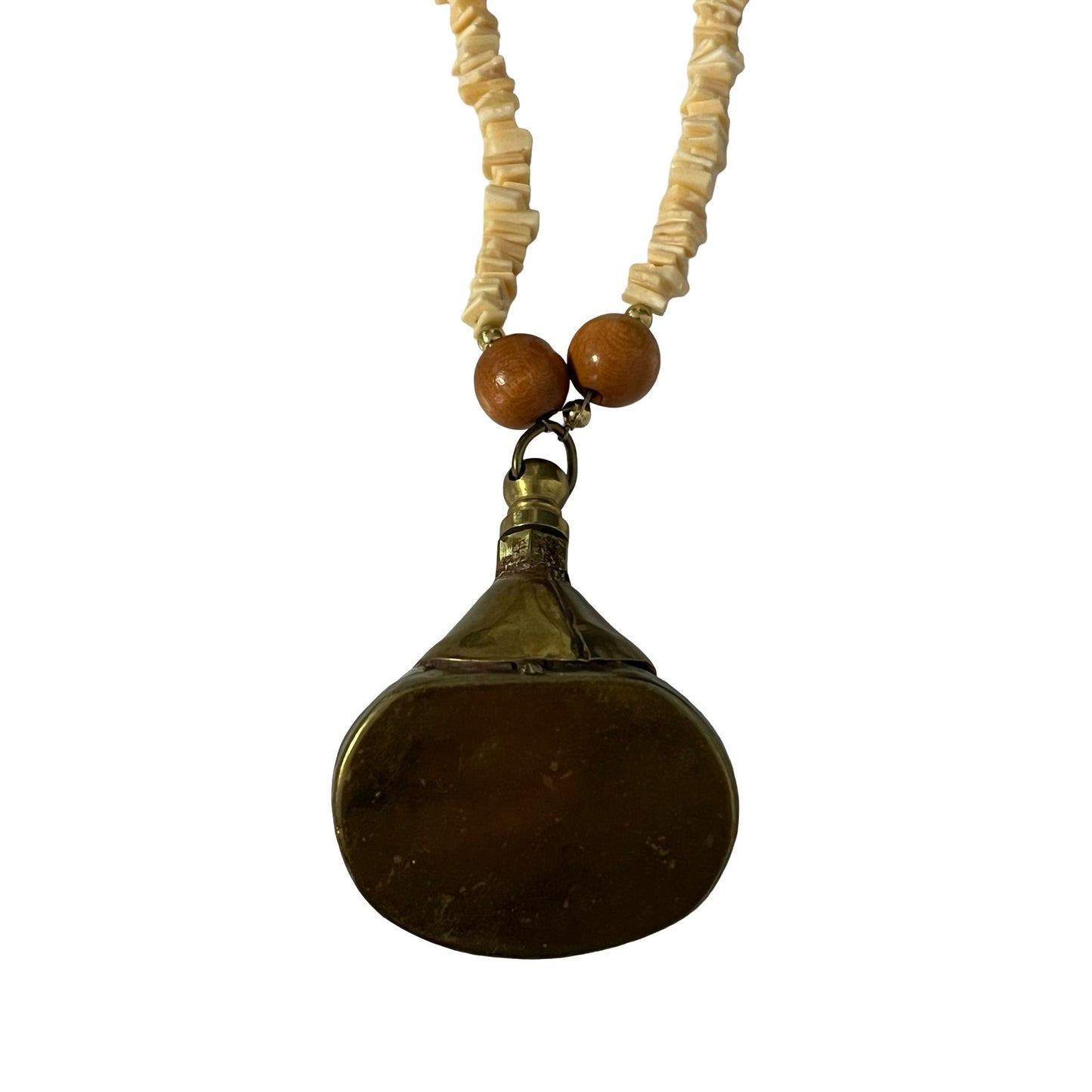 Vintage Shell Bead Necklace With Large Brass Bell Pendant Boho Tribal Statement 28”
