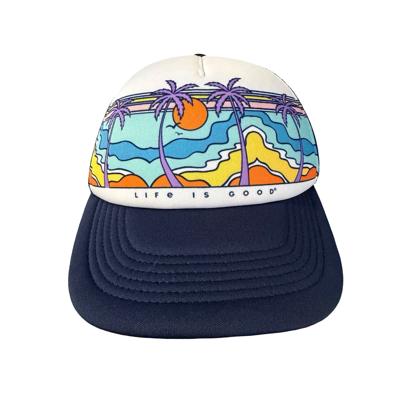 Life Is Good Tropical Sunset Palm Tree Trucker Hat Mesh Snapback Cap Beach Surf