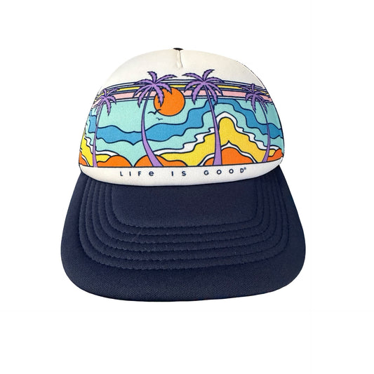Life Is Good Tropical Sunset Palm Tree Trucker Hat Mesh Snapback Cap Beach Surf