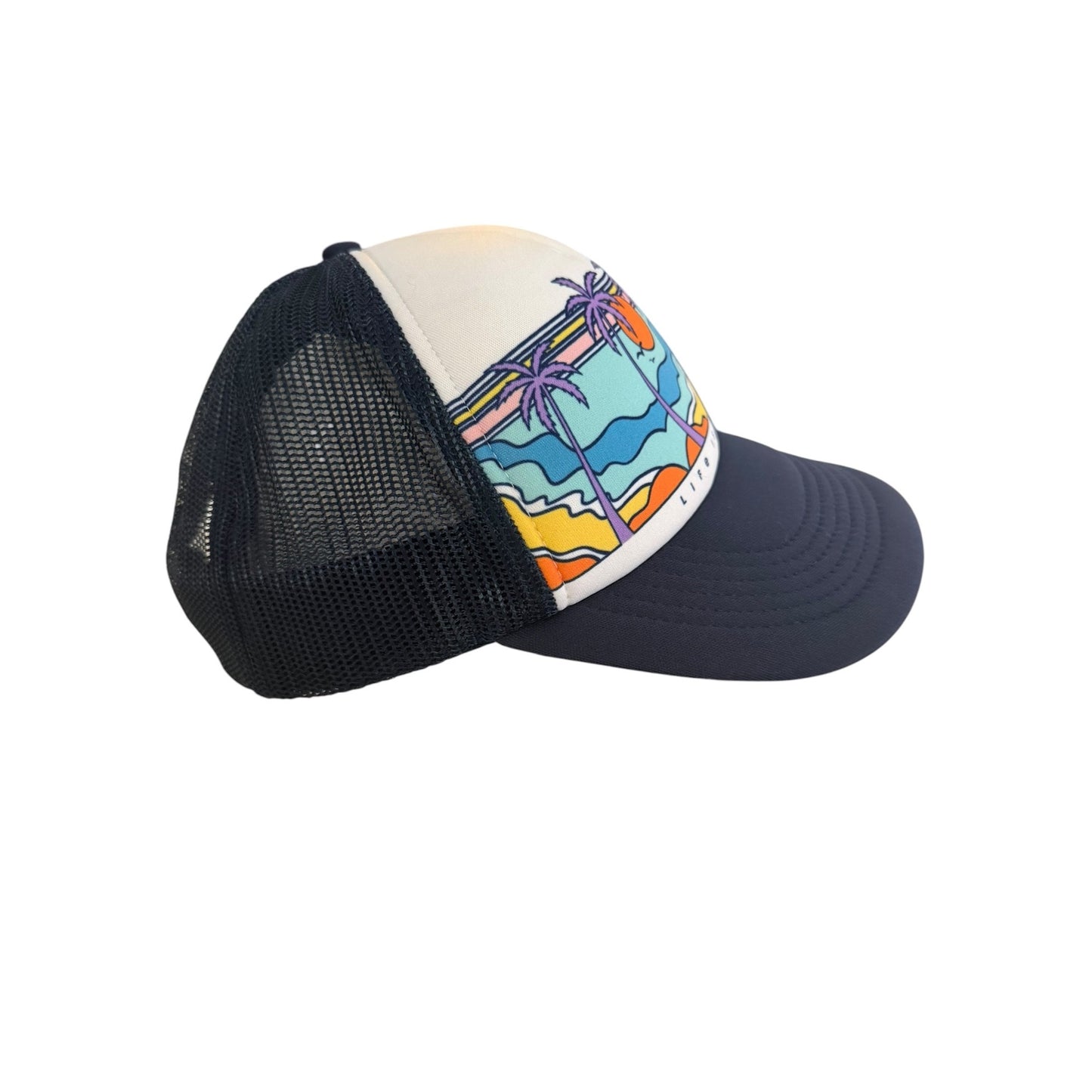 Life Is Good Tropical Sunset Palm Tree Trucker Hat Mesh Snapback Cap Beach Surf