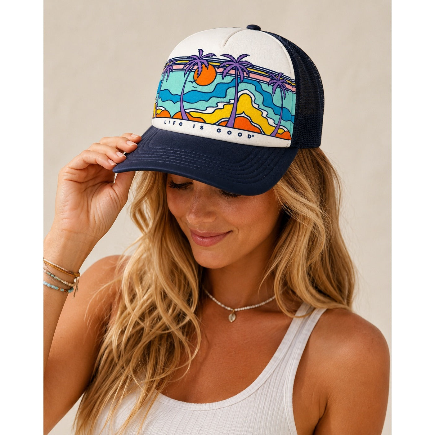 Life Is Good Tropical Sunset Palm Tree Trucker Hat Mesh Snapback Cap Beach Surf