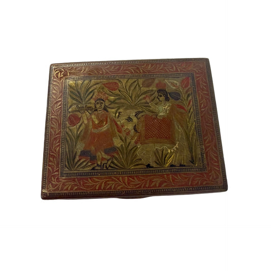 Vintage Hand Carved Brass Clad Wood Trinket Box Figural Decorative Jewelry Box