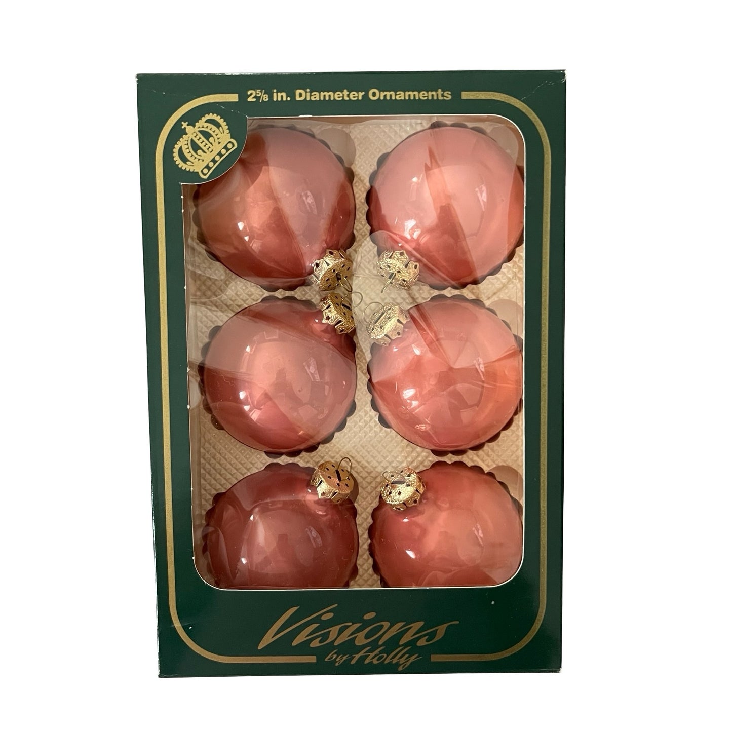 Vintage Visions by Holly Christmas Ornaments Pink Mauve Glass 2.5” Boxed USA Set of 6