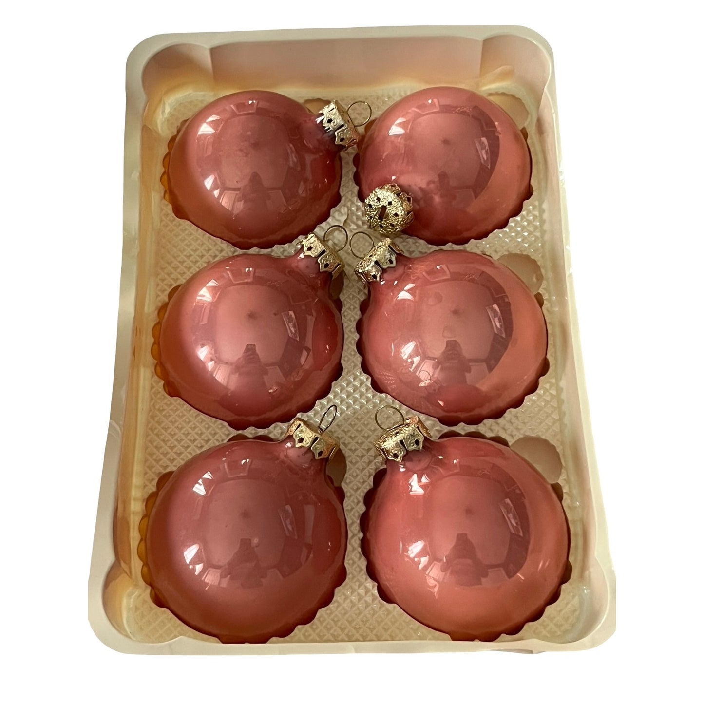 Vintage Visions by Holly Christmas Ornaments Pink Mauve Glass 2.5” Boxed USA Set of 6