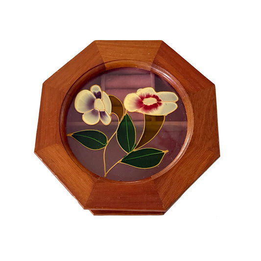 Vintage Mele Wooden Jewelry Box Octagon Floral Glass Lid Ring Holder Made in Taiwan