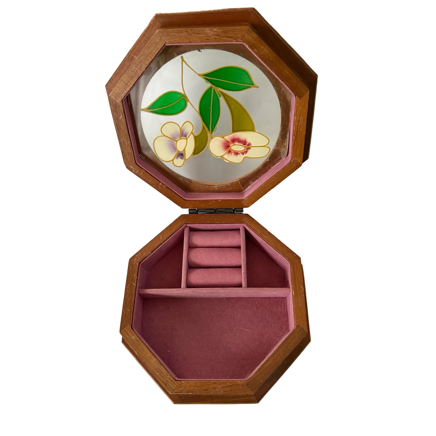 Vintage Mele Wooden Jewelry Box Octagon Floral Glass Lid Ring Holder Made in Taiwan