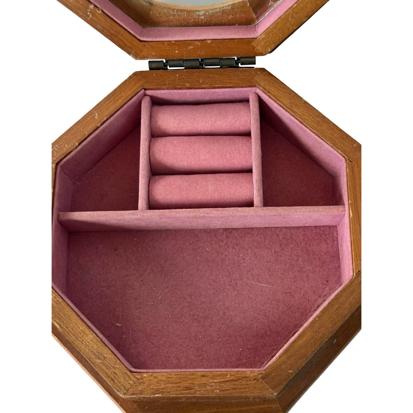 Vintage Mele Wooden Jewelry Box Octagon Floral Glass Lid Ring Holder Made in Taiwan