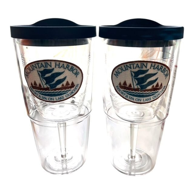 Tervis Mountain Harbor Resort Spa Lake Ouachita Tumblers Set of 2 Navy Lids 8” Insulated Wine Glass Style