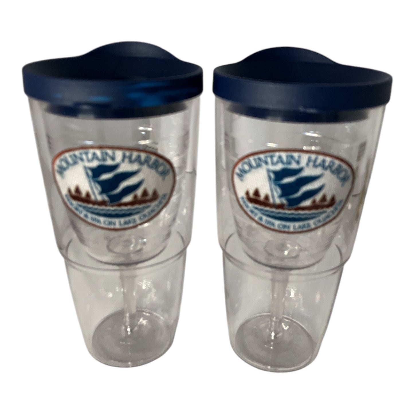 Tervis Mountain Harbor Resort Spa Lake Ouachita Tumblers Set of 2 Navy Lids 8” Insulated Wine Glass Style