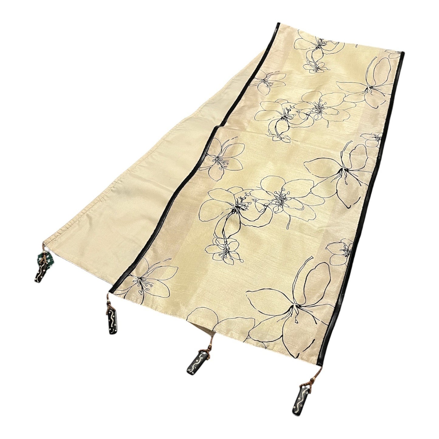 Pier 1 Imports Amherst Table Runner 72 x 14 Beige Floral Taupe Stripes Beaded Tassels
