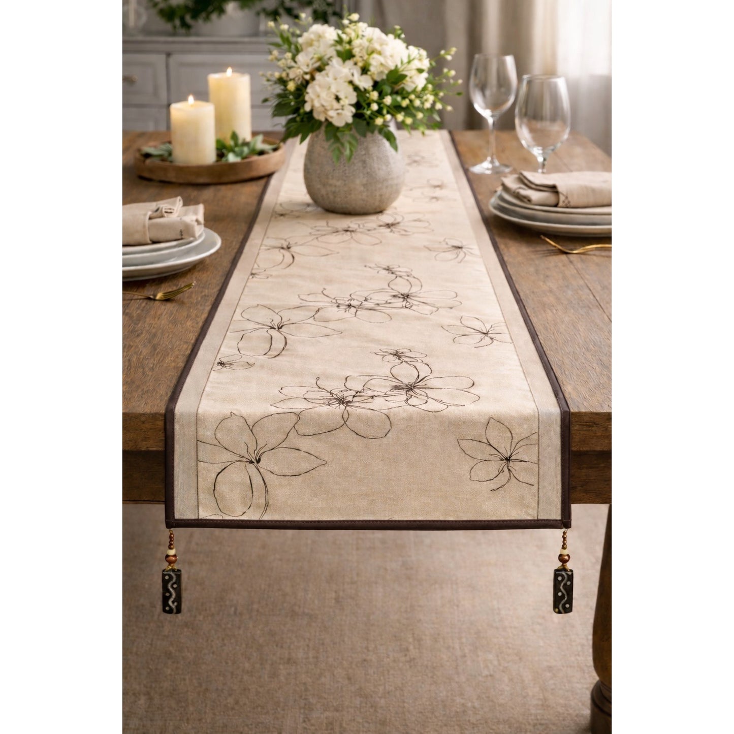 Pier 1 Imports Amherst Table Runner 72 x 14 Beige Floral Taupe Stripes Beaded Tassels