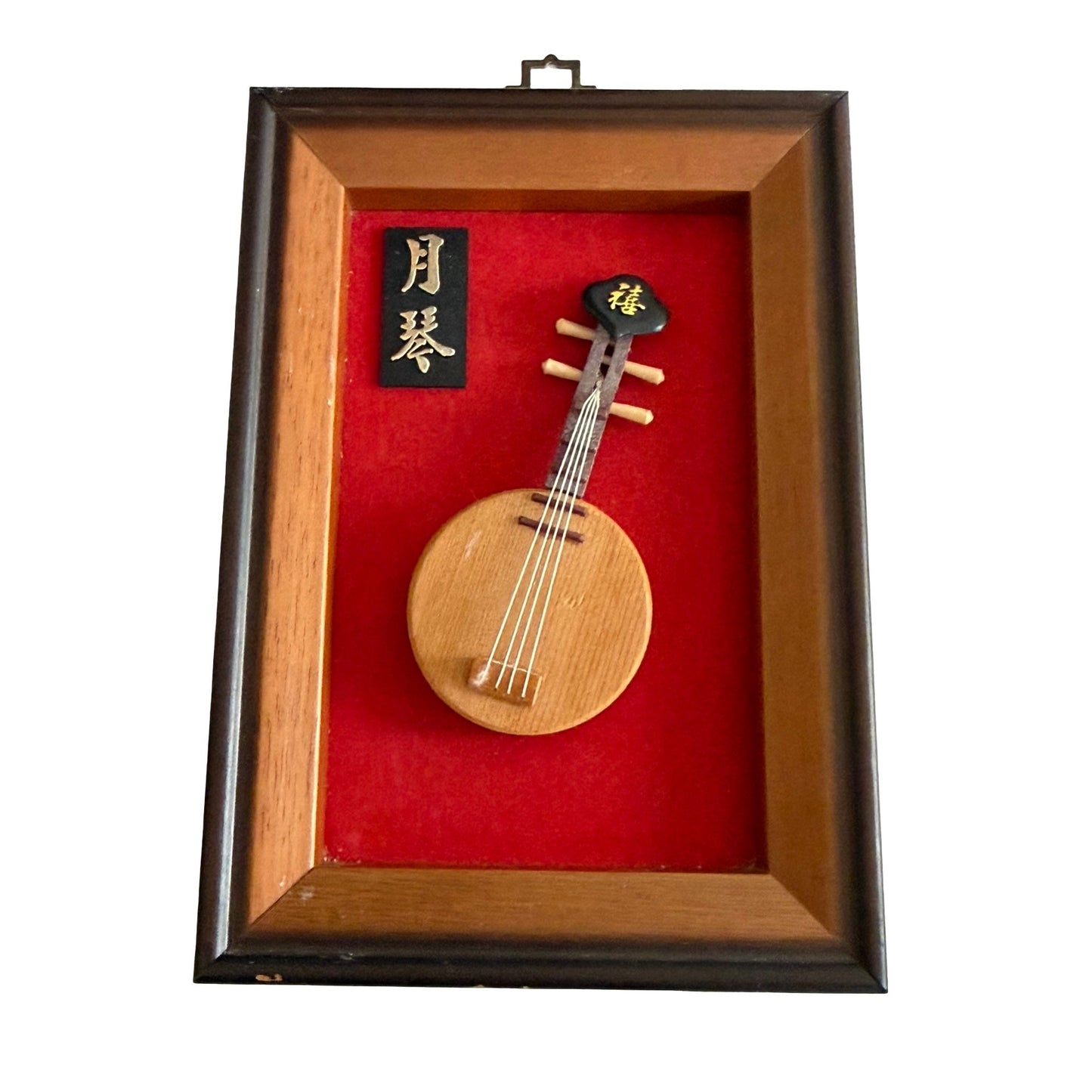 Vintage Asian Shadow Box Wall Art Miniature Lute Instrument Red Velvet Frame 8x5.5