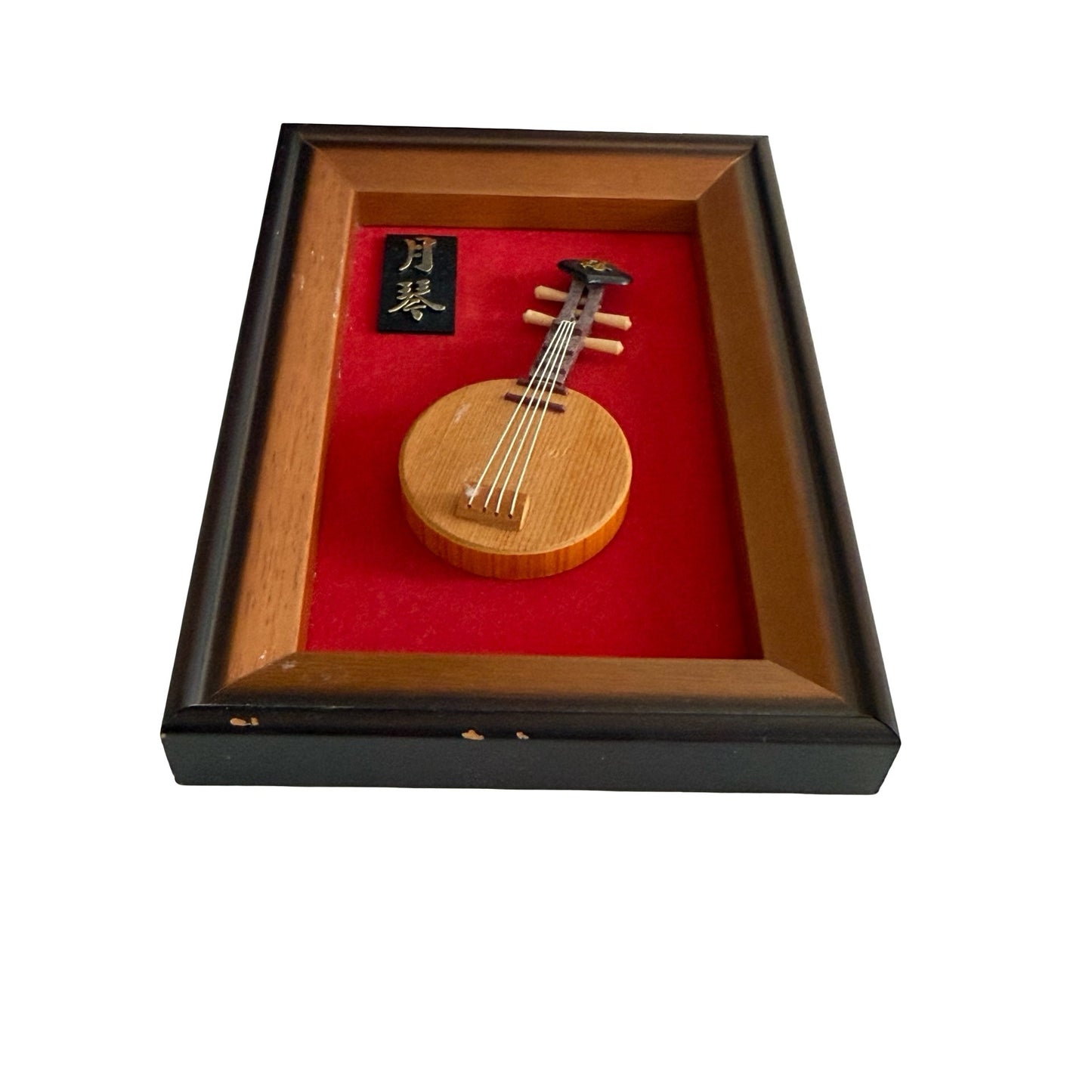 Vintage Asian Shadow Box Wall Art Miniature Lute Instrument Red Velvet Frame 8x5.5