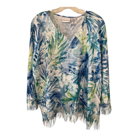 Alfred Dunner Women’s XL Tropical Knit Top – Embellished V-Neck, Fringe Hem