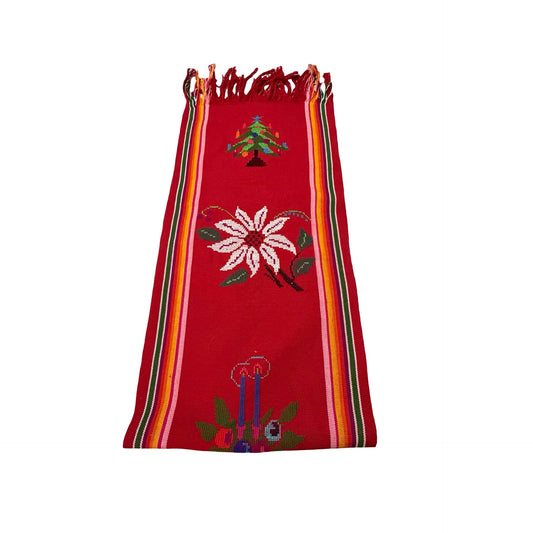 Vintage Swedish Christmas Table Runner Red Woven Textile Jul Runner Poinsettia Tree Candles Scandinavian Holiday Decor