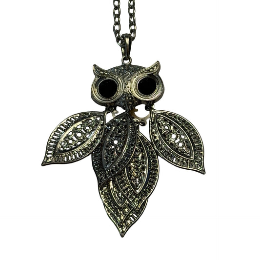 Silver Tone Articulated Owl Pendant Necklace Filigree Black Eyes 36 Inch