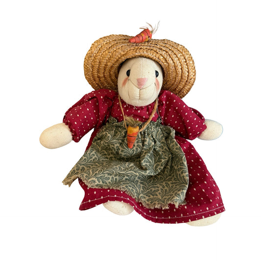 Vintage Primitive Country Bunny Rabbit Doll Straw Hat Carrots Calico Dress 12 Inch