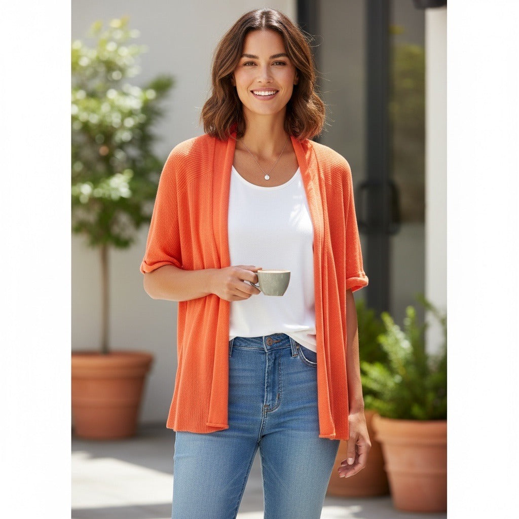 Ann Taylor Orange Open Front Knit Cardigan XL Lightweight Short Sleeve