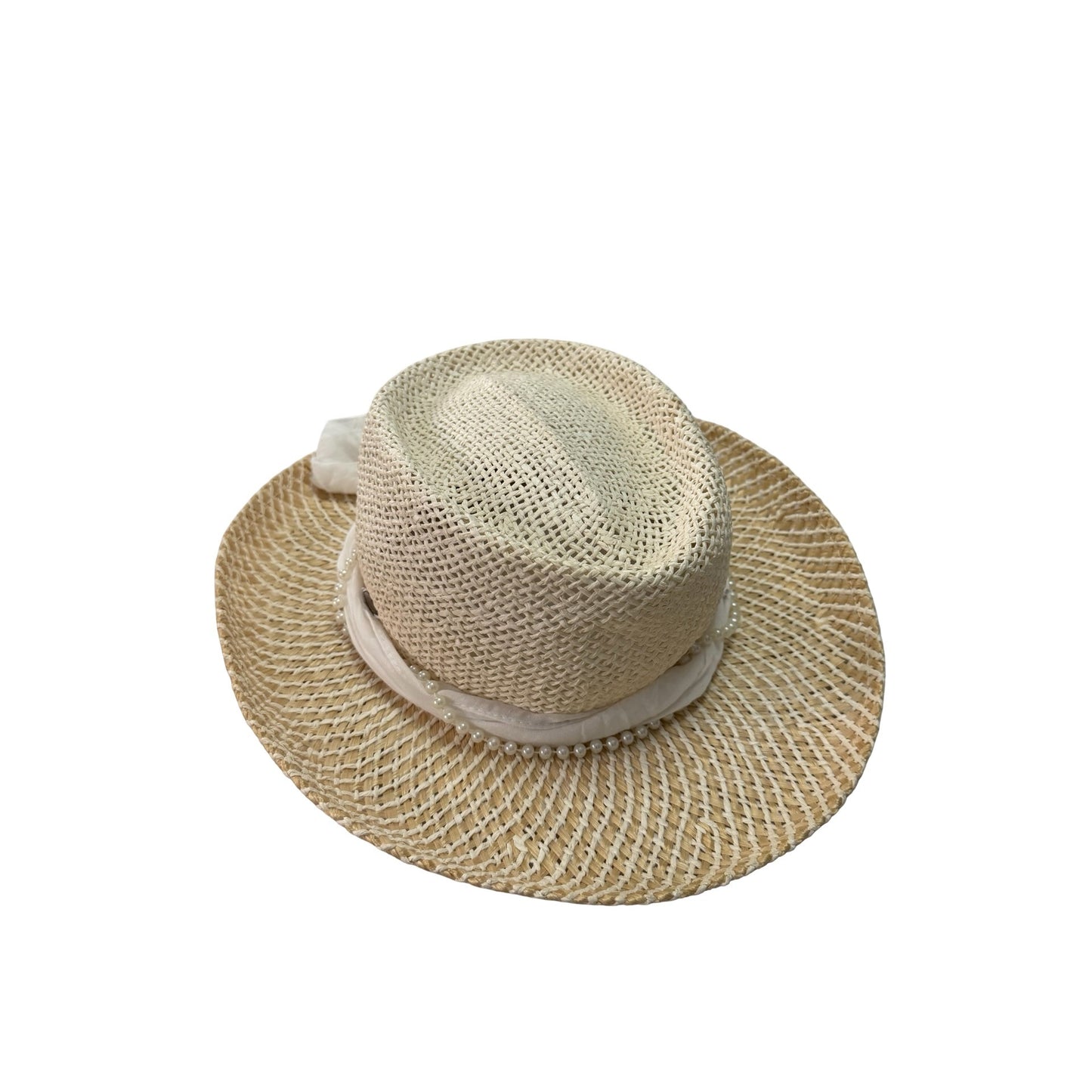 Scala Collezione Toyo Sisal Straw Sun Hat White Scarf Pearl Trim One Size
