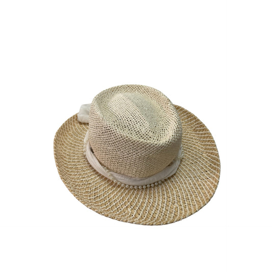 Scala Collezione Toyo Sisal Straw Sun Hat White Scarf Pearl Trim One Size