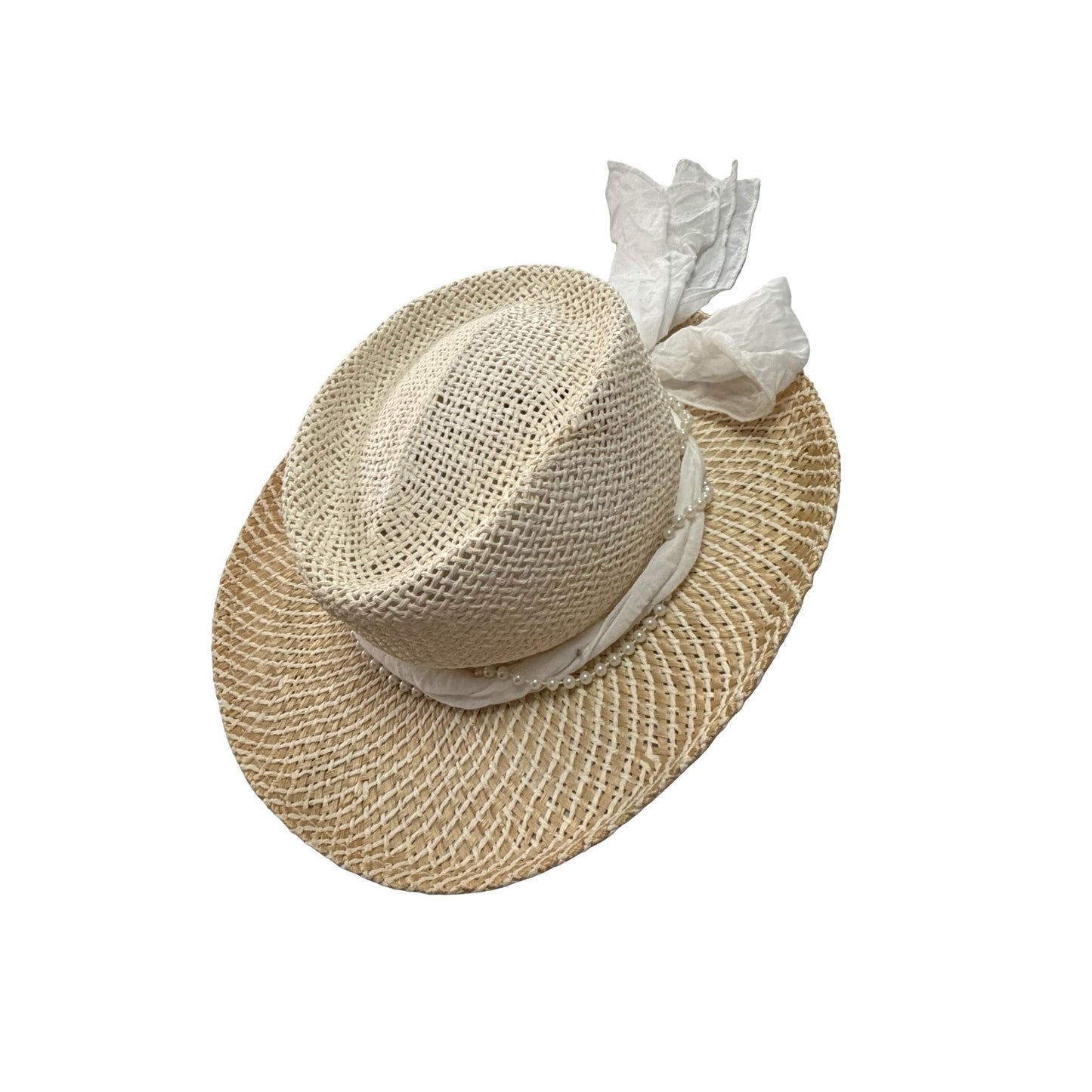 Scala Collezione Toyo Sisal Straw Sun Hat White Scarf Pearl Trim One Size