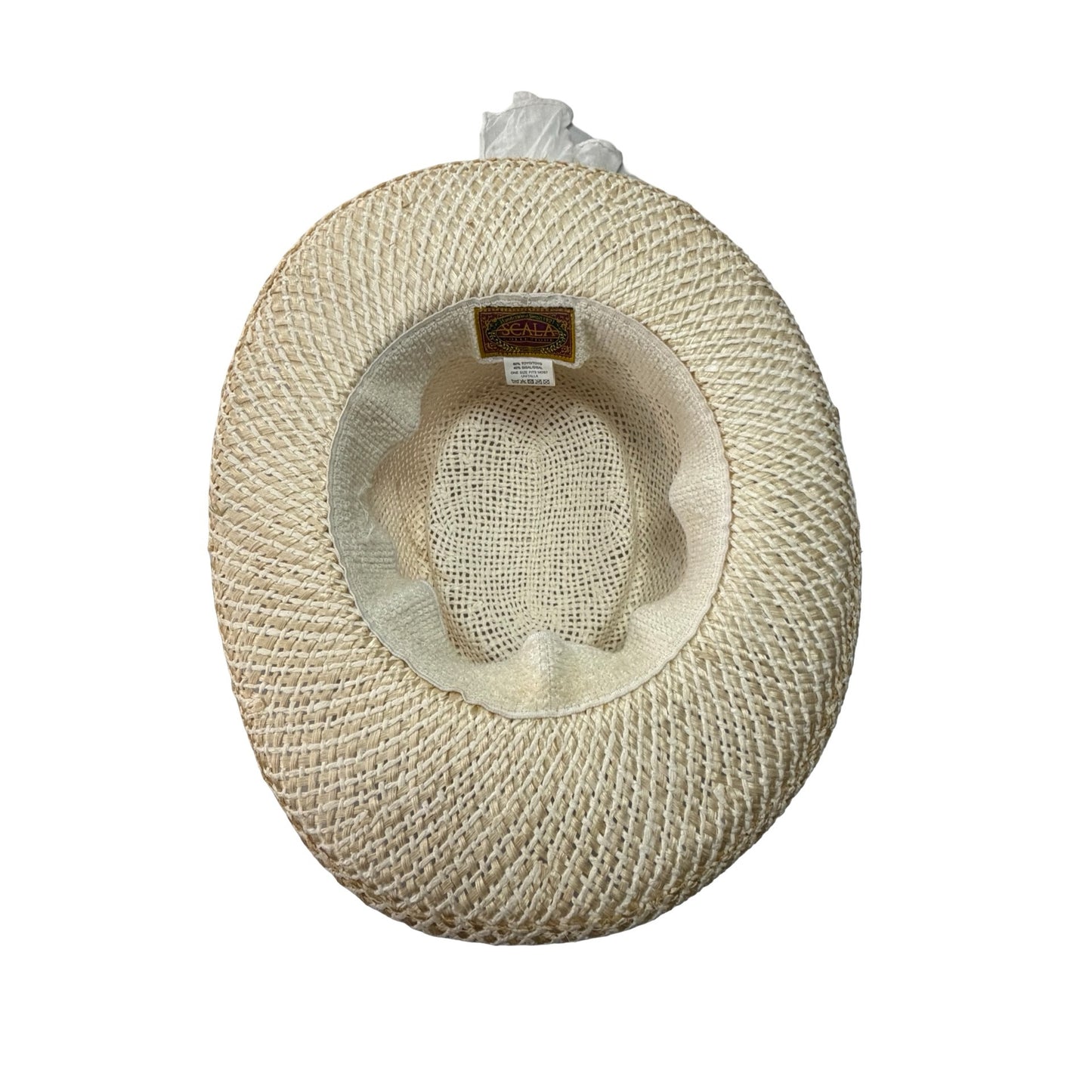 Scala Collezione Toyo Sisal Straw Sun Hat White Scarf Pearl Trim One Size
