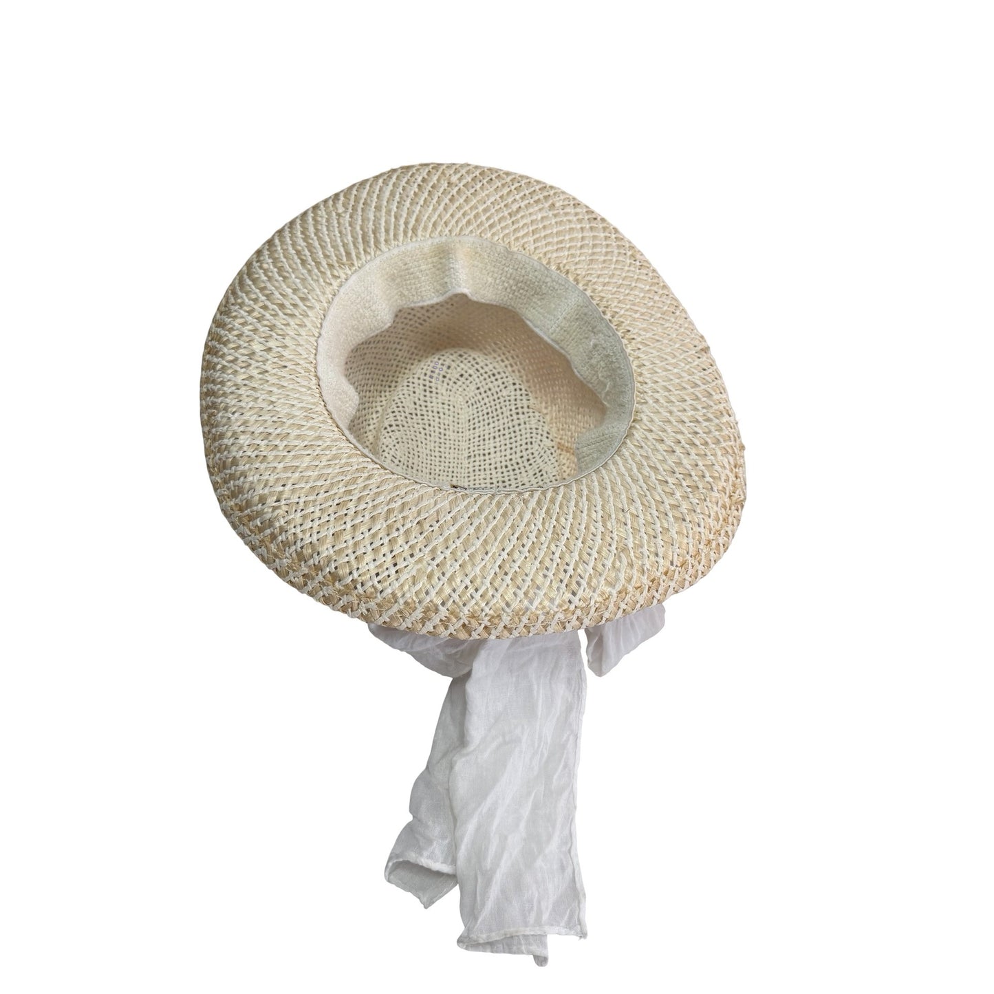 Scala Collezione Toyo Sisal Straw Sun Hat White Scarf Pearl Trim One Size