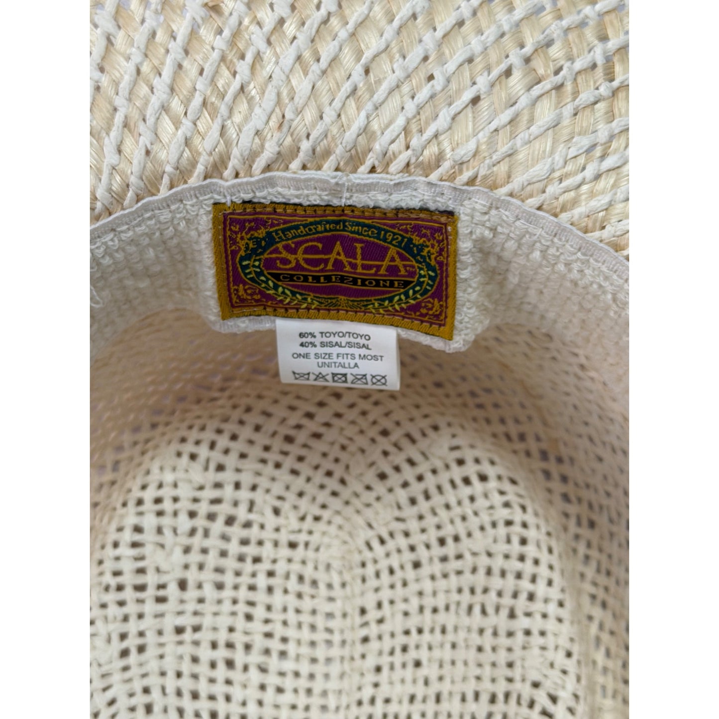 Scala Collezione Toyo Sisal Straw Sun Hat White Scarf Pearl Trim One Size