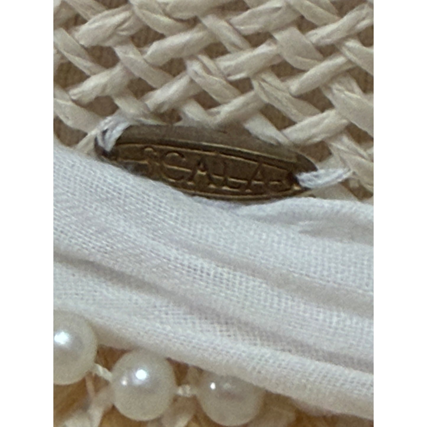 Scala Collezione Toyo Sisal Straw Sun Hat White Scarf Pearl Trim One Size