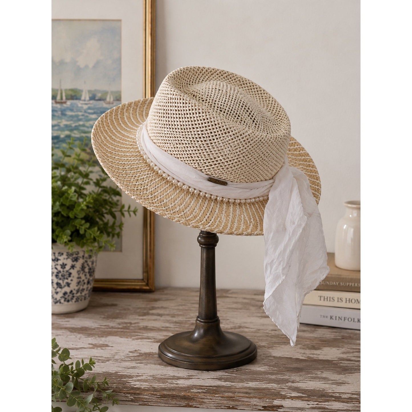 Scala Collezione Toyo Sisal Straw Sun Hat White Scarf Pearl Trim One Size
