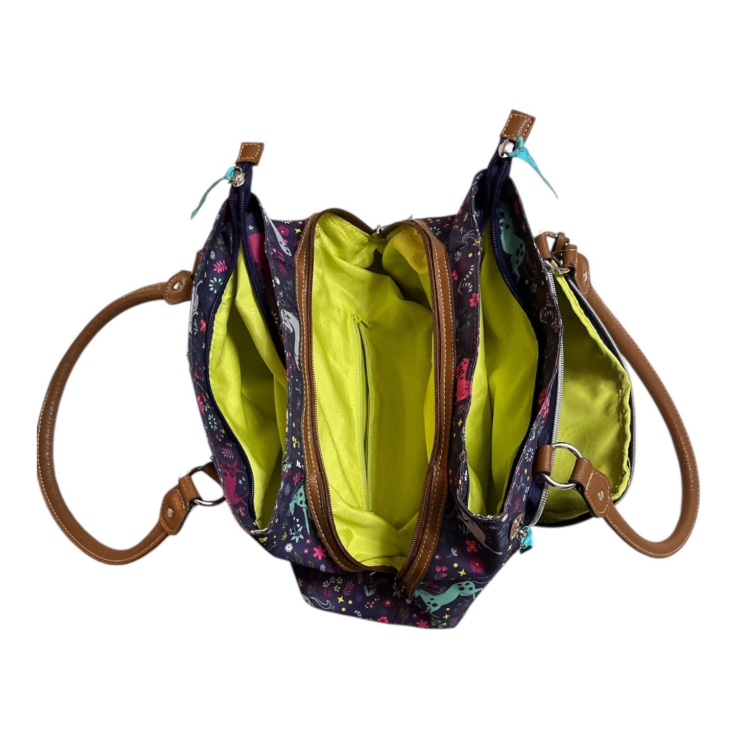 Lily Bloom Green Living Floral Unicorn Tote Handbag Multiple Zip Compartments