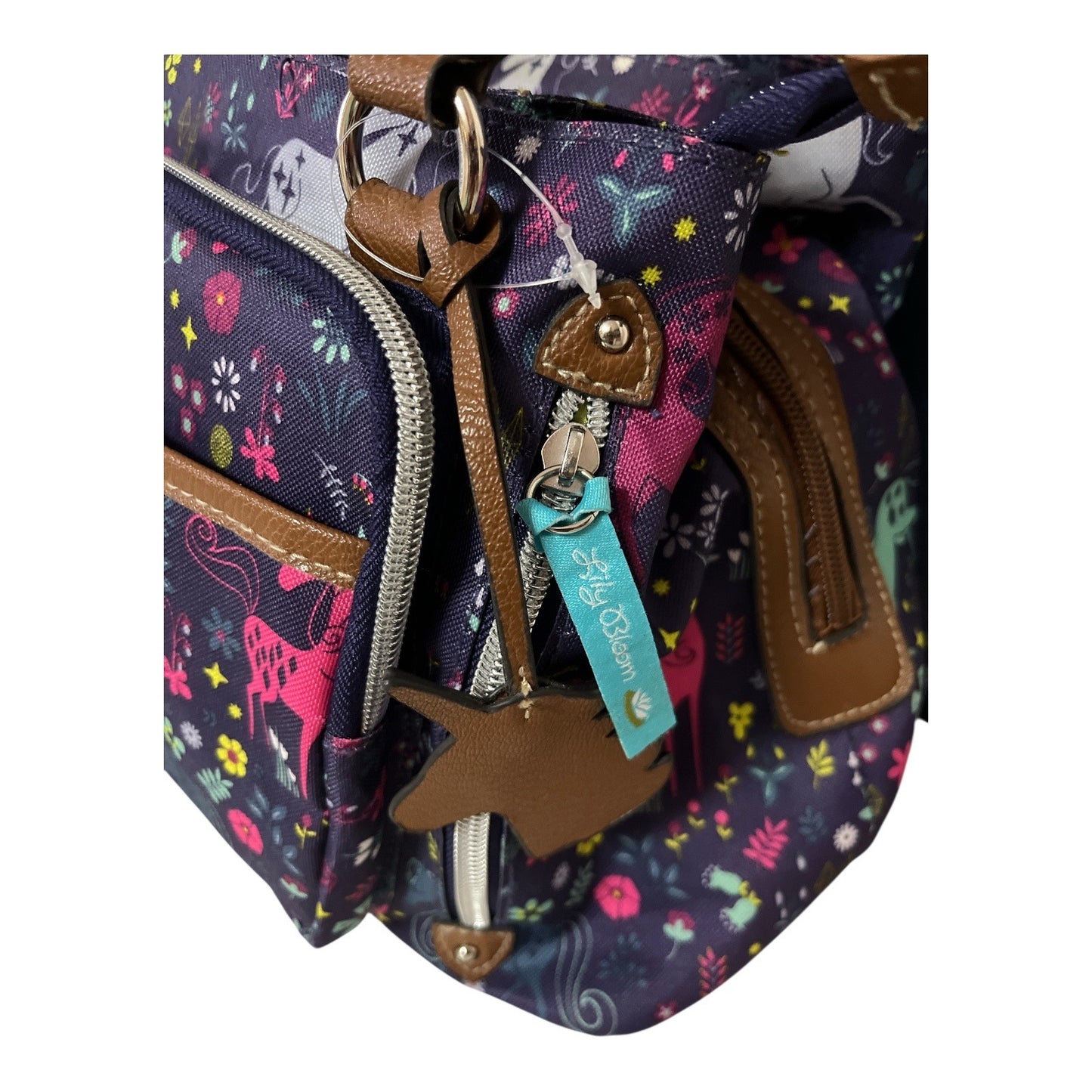 Lily Bloom Green Living Floral Unicorn Tote Handbag Multiple Zip Compartments