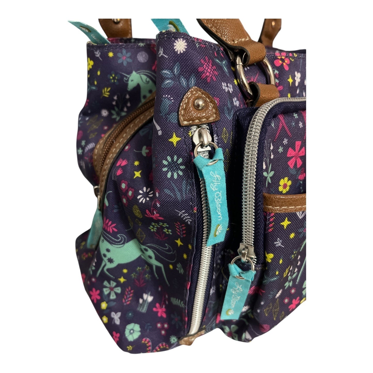 Lily Bloom Green Living Floral Unicorn Tote Handbag Multiple Zip Compartments