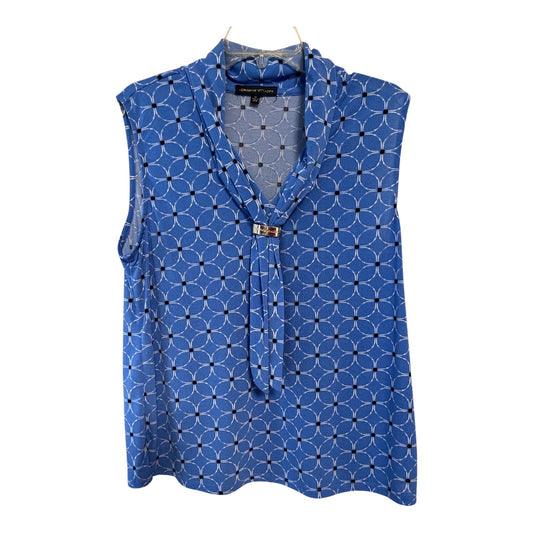 Adrienne Vittadini Womens XL Sleeveless Top – Blue Geometric Print with Accent Clip