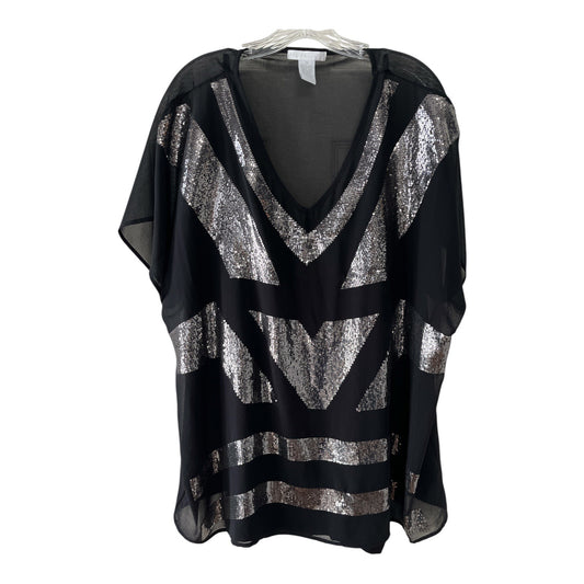 Design History Women’s 3X Black Sheer Sequin Tunic Top with Built-In Camisole, V-Neck, 2010s