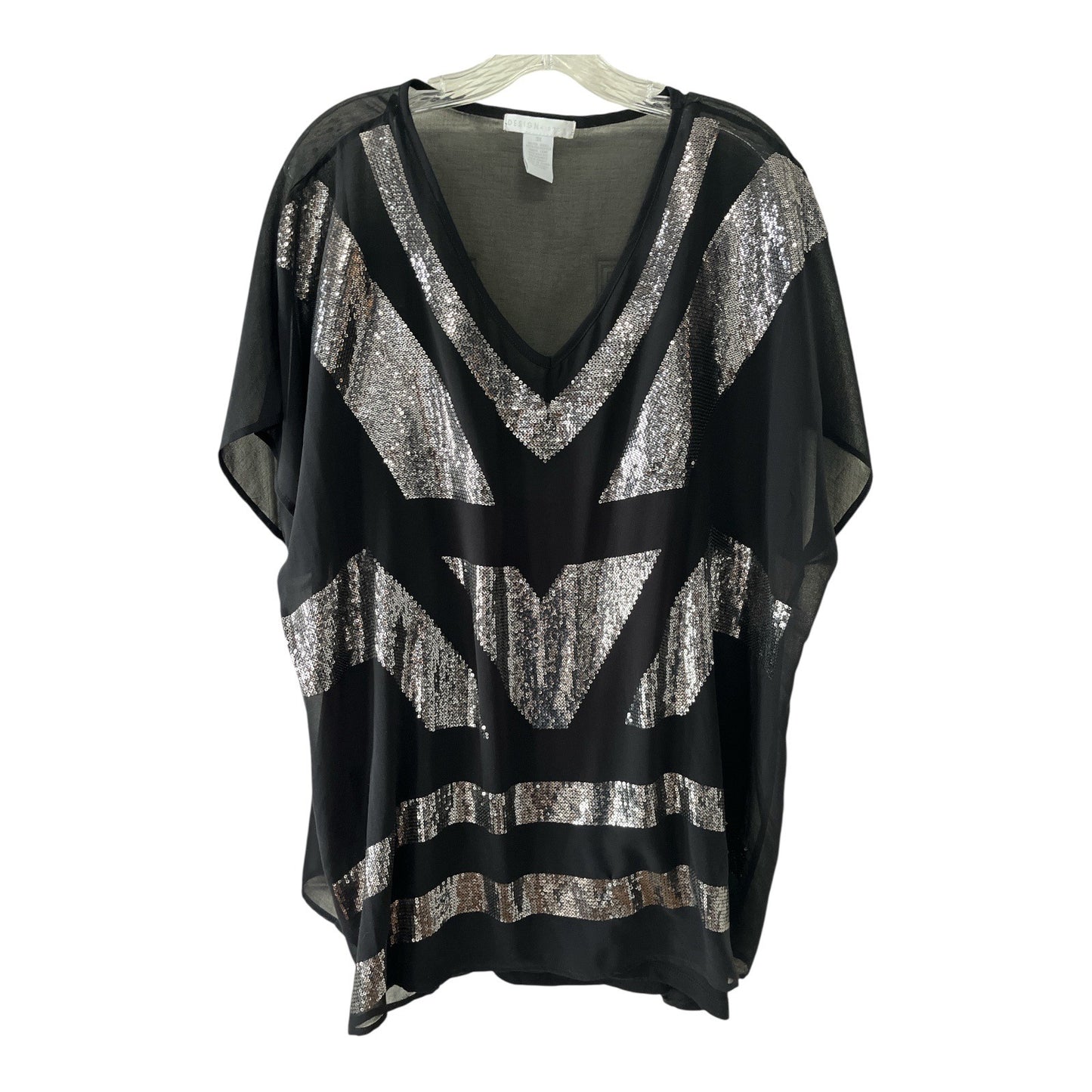 Design History Women’s 3X Black Sheer Sequin Tunic Top with Built-In Camisole, V-Neck, 2010s