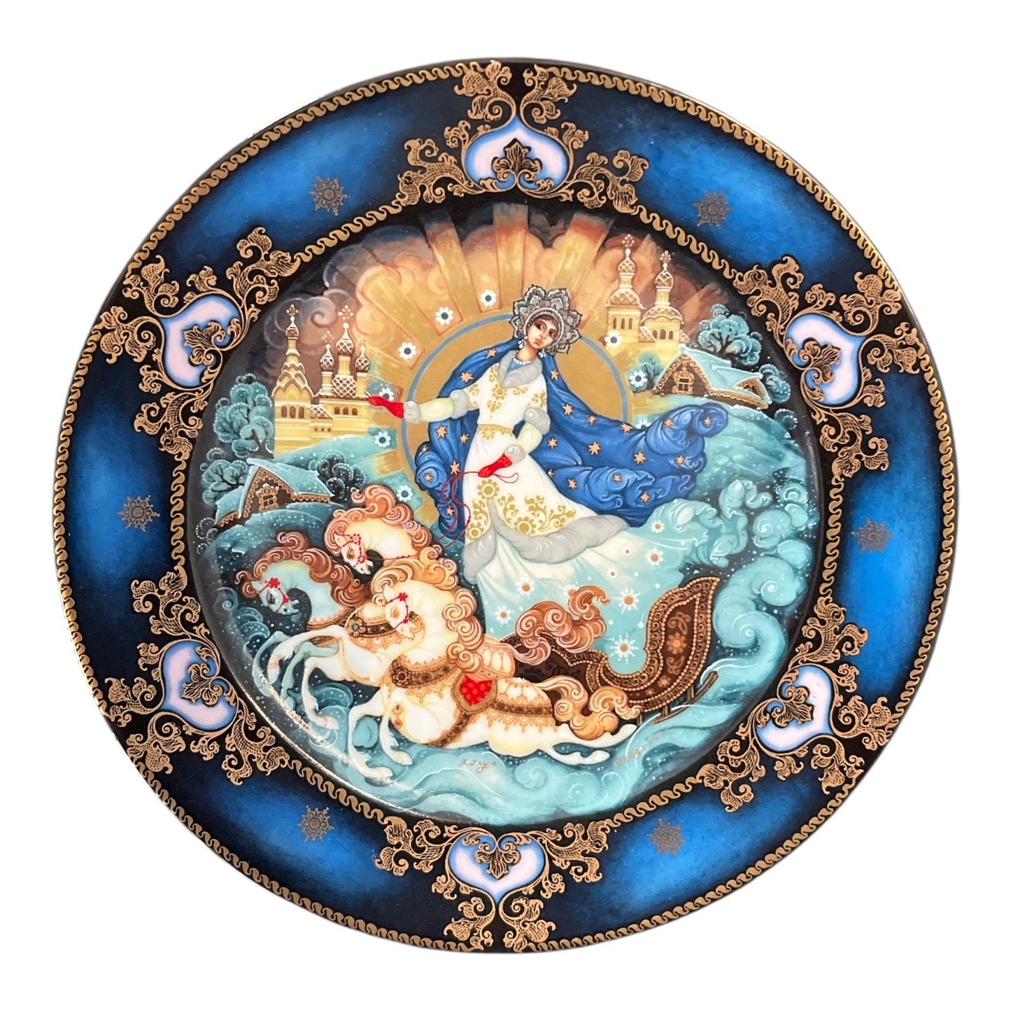 1992 Russian Porcelain Plate Winter Troika Scene Limited Edition Hand Painted Blue Gold 8”